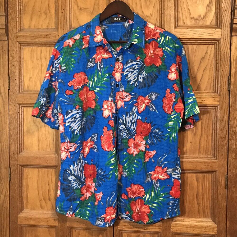 Jogal Hawaiian Shirt Men's XL Blue Red Floral Cotton Viscose SS Button Up Cruise